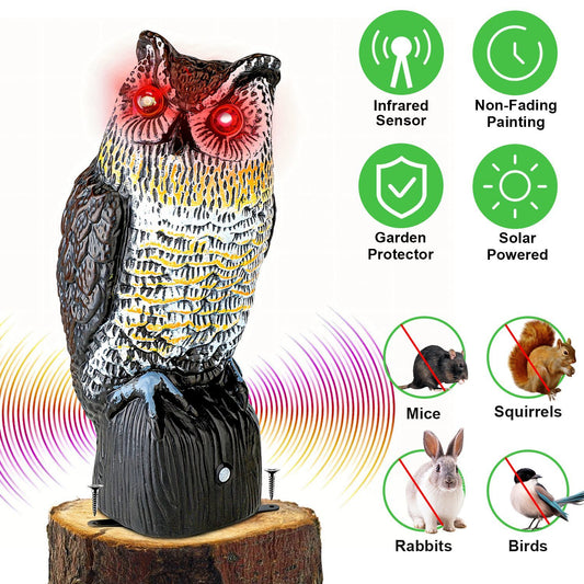 Solar Powered Owl Decoy with Flashing Eye Hoot Sound