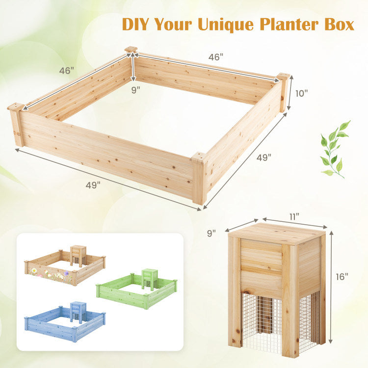 49" x 49" x 10" Raised Garden Bed with Compost Bin - Natural Fir Wood