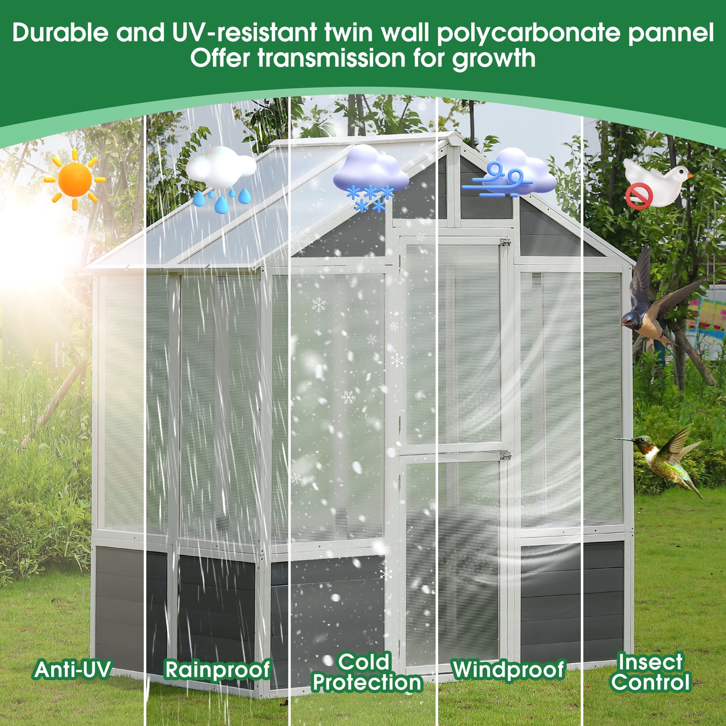 Greenhouse, Wooden Greenhouse Polycarbonate Garden Shed for Plants, 76''x48''x86'' Walk-in Outdoor Plant Gardening Greenhouse for Patio Backyard Lawn, Grow House with Front Entry Door