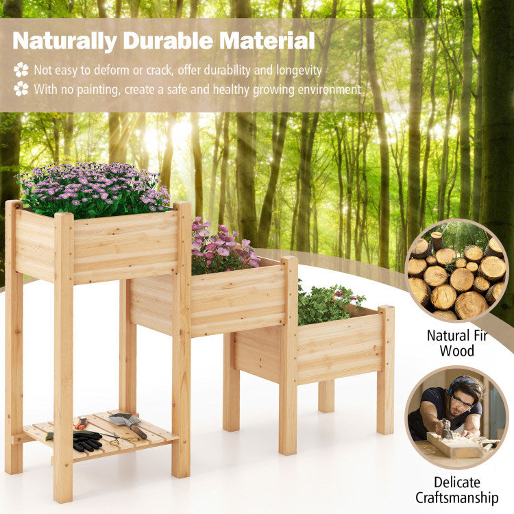 3-Tier Wooden Raised Garden Bed with Open Storage Shelf