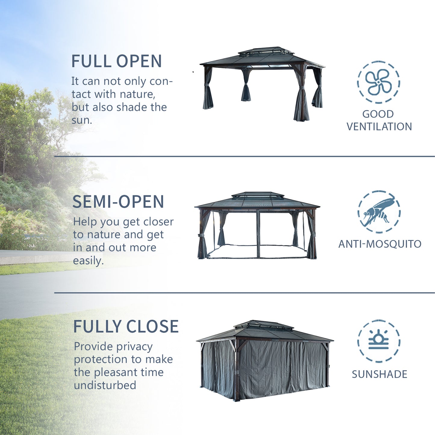 10x13FT Gazebos-Double Roof Sunshade (Wooden Legs)- kk outdoor