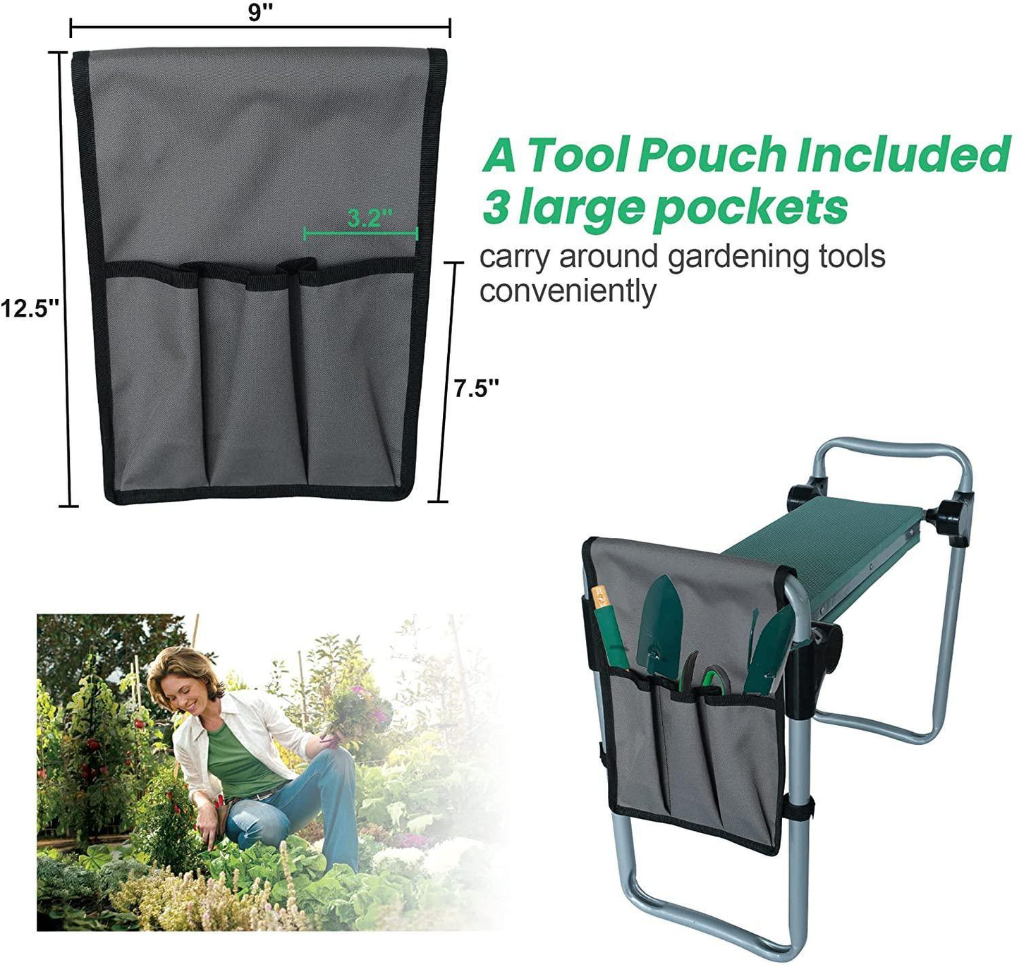 Foldable Garden Bench with Tool Pocket