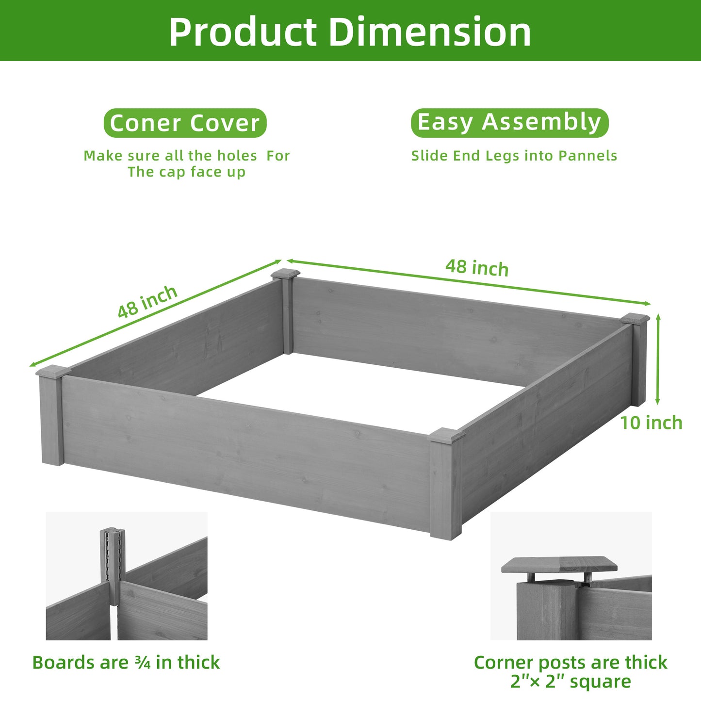 Raised Garden Bed 48x48x10'', Outdoor Wood Planter Box Over Floor, Tool-Free Assembly