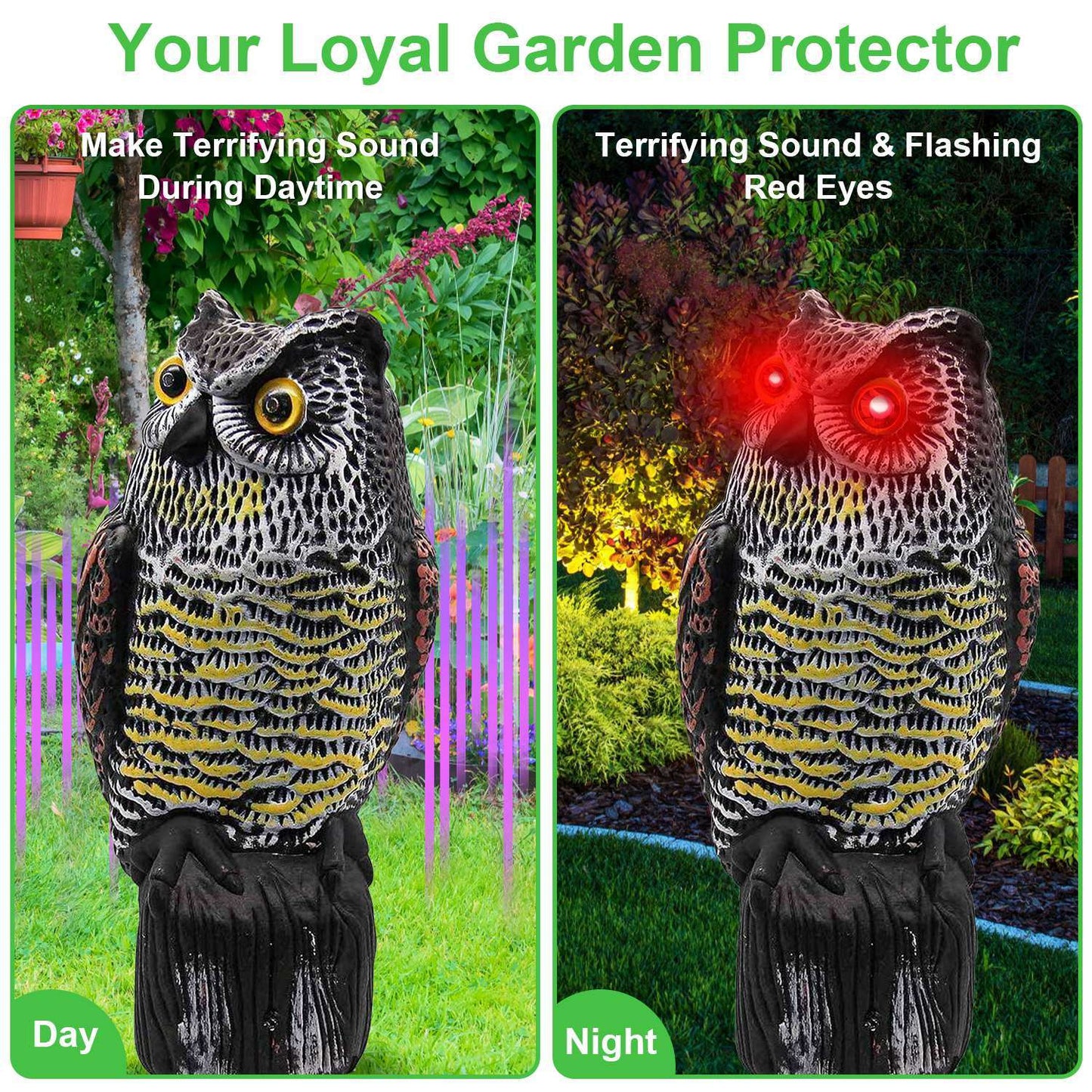 Solar Powered Owl Decoy with Flashing Eye Hoot Sound