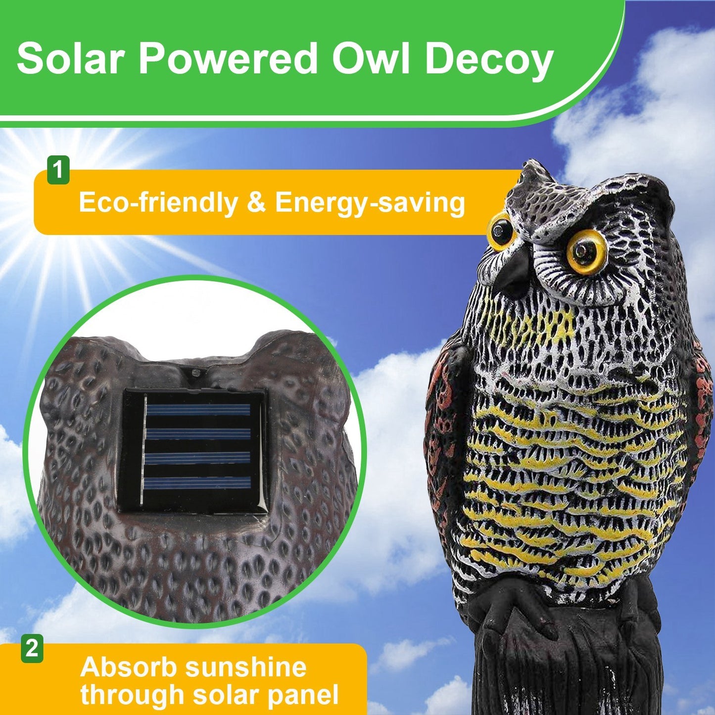 Solar Powered Owl Decoy with Flashing Eye Hoot Sound