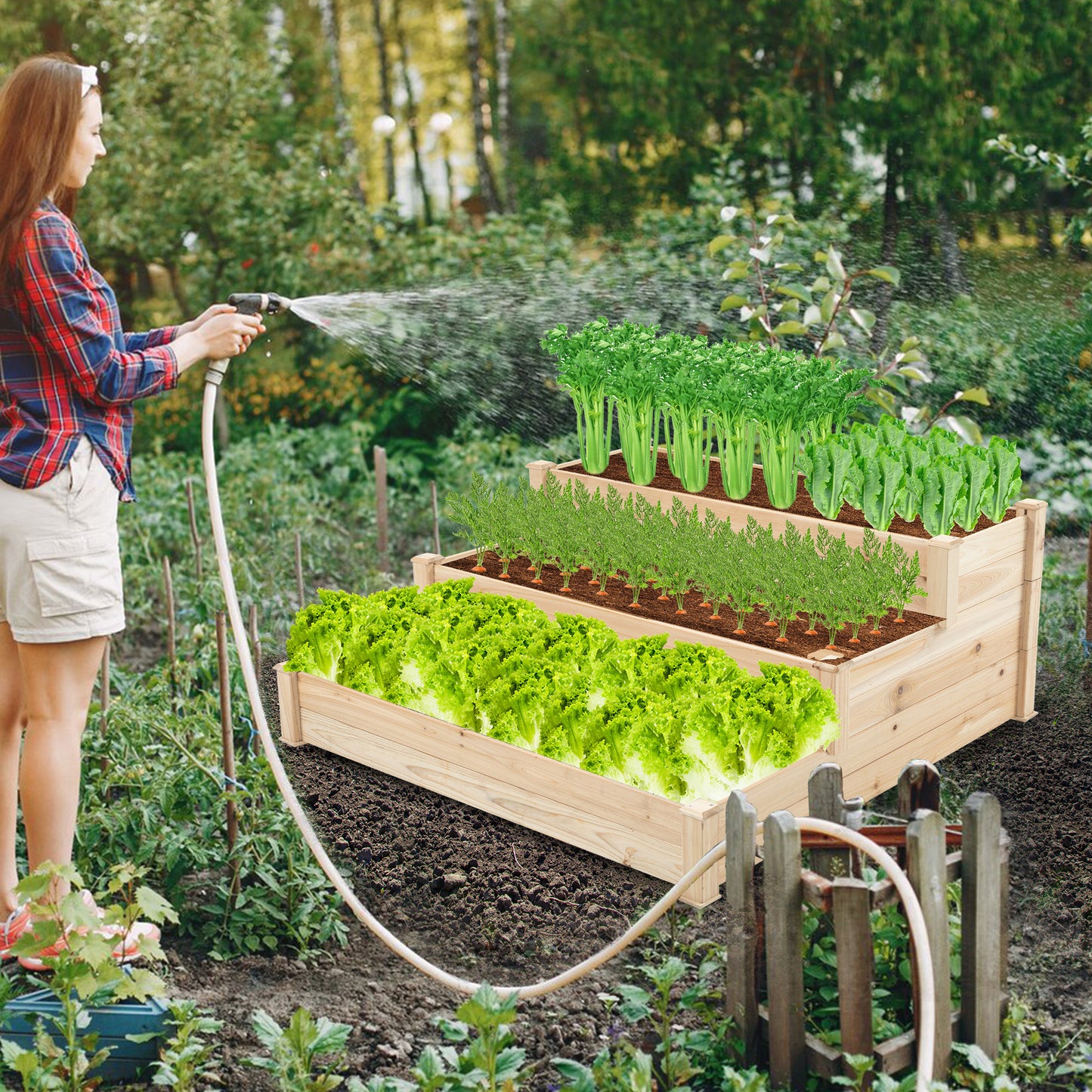 Elevate Your Gardening Experience with the 3-Tier Wooden Raised Garden Bed - Natural