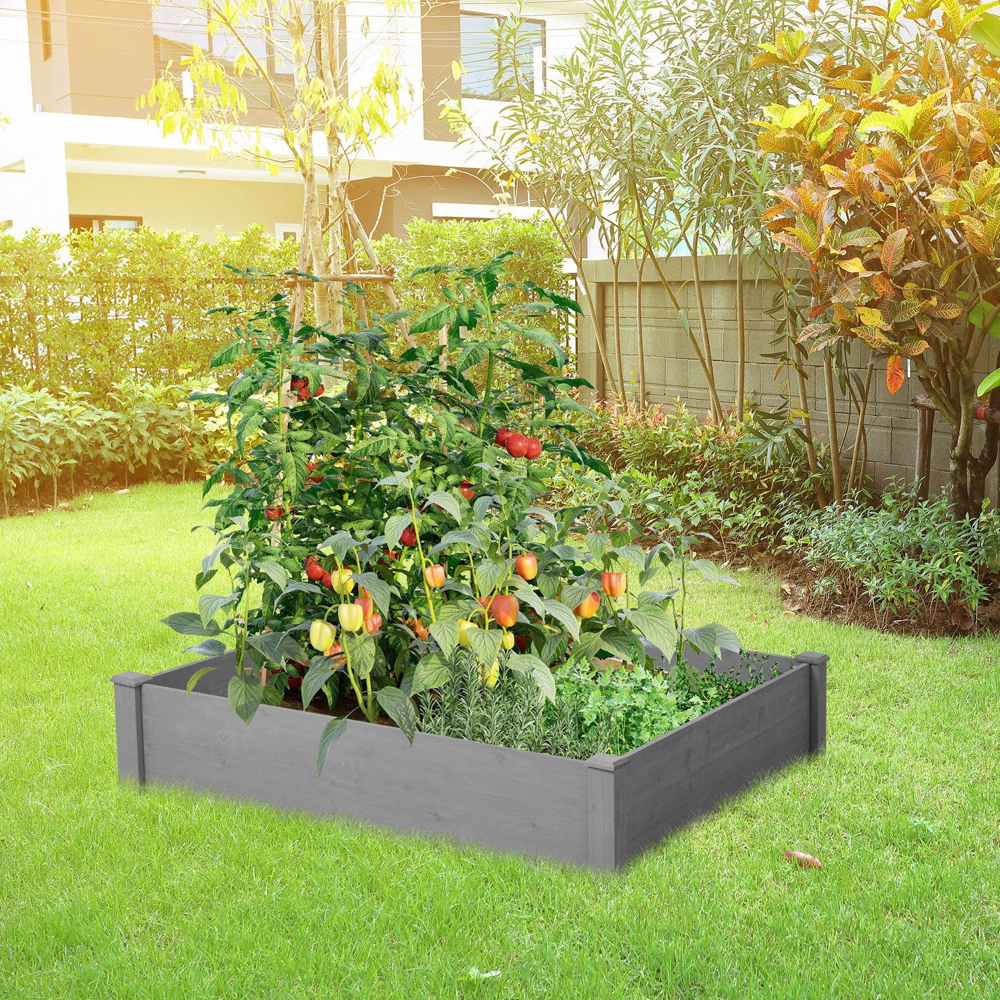 Raised Garden Bed 48x48x10'', Outdoor Wood Planter Box Over Floor, Tool-Free Assembly