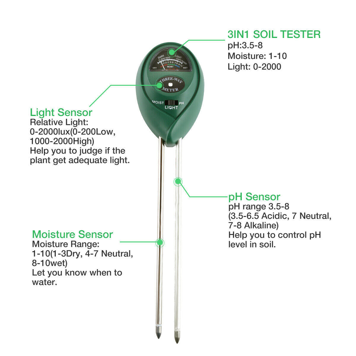 3 In1 Soil Tester Water PH Moisture Light Test Meter Kit