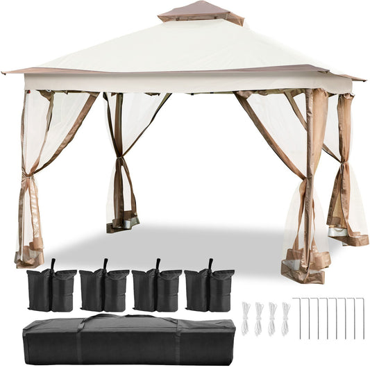 VEVOR Outdoor Canopy Gazebo Tent, Portable Canopy Shelter with 12'x12' Large Shade Tents for Parties, Backyard, Patio Lawn and Garden, 4 Sandbags, Carrying Bag and Netting Included, Brown