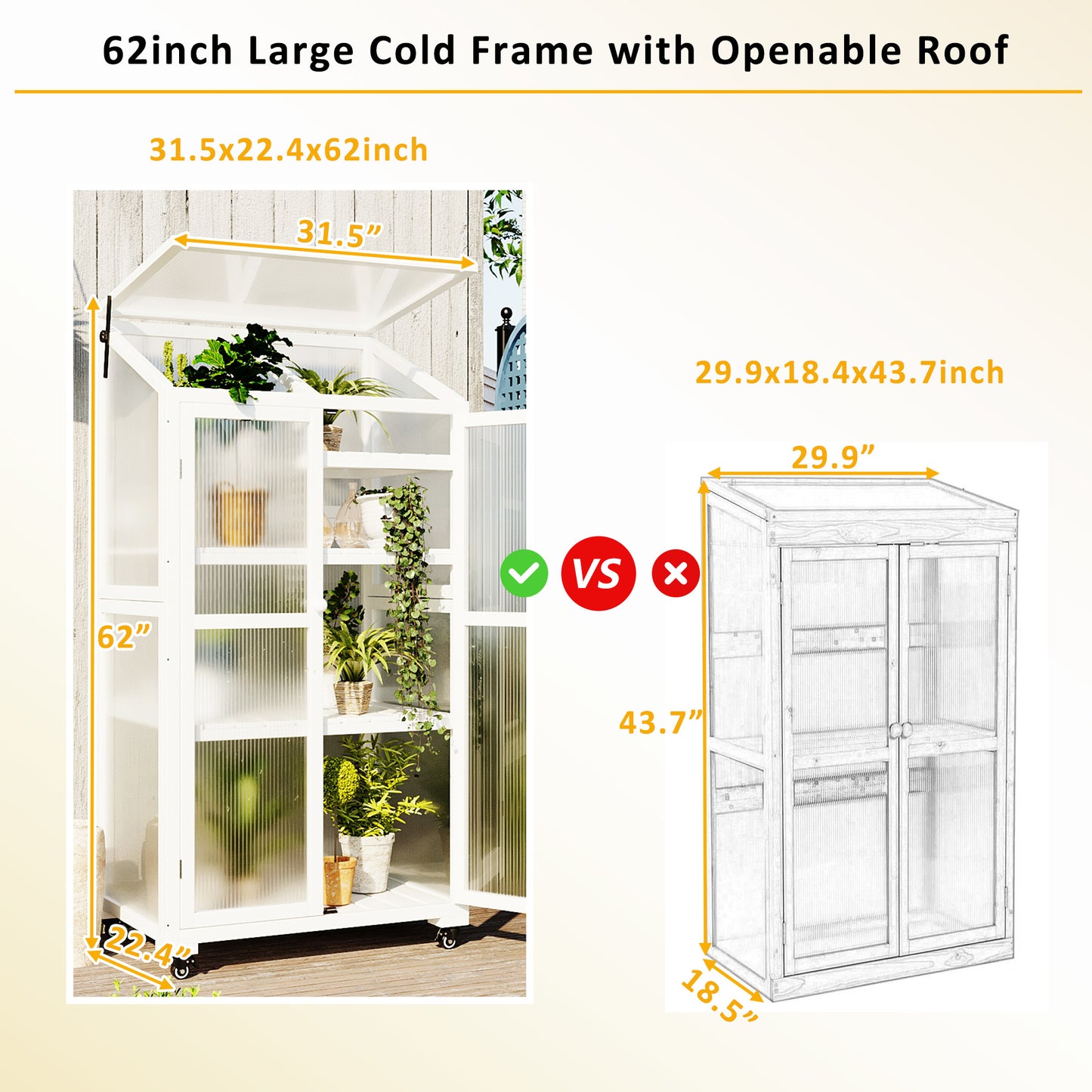 TOPMAX 62inch Height Wood Large Greenhouse Balcony Portable Cold Frame with Wheels and Adjustable Shelves for Outdoor Indoor Use, White